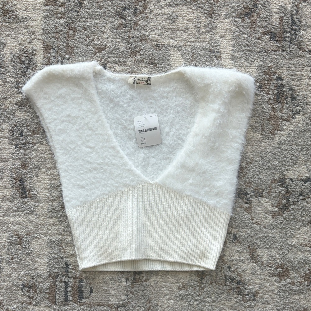 Free People Cream Fuzzy V-Neck Cropped Sweater Tank